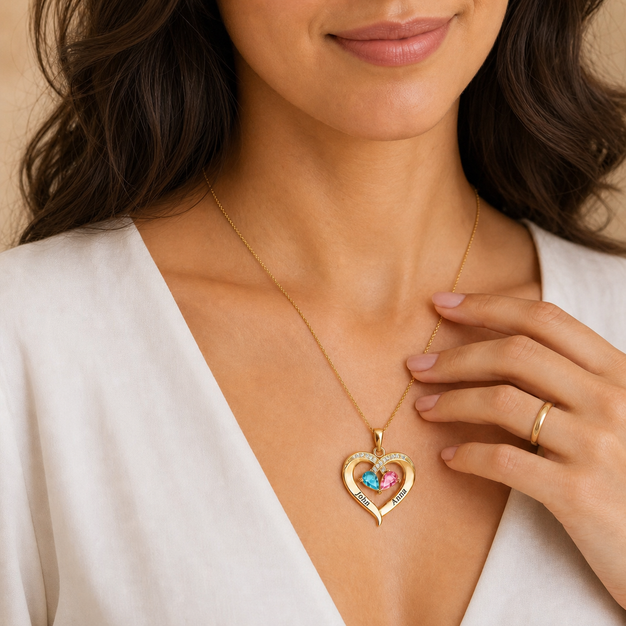 To My Love – Custom Double Birthstones&Name Heart Necklace 