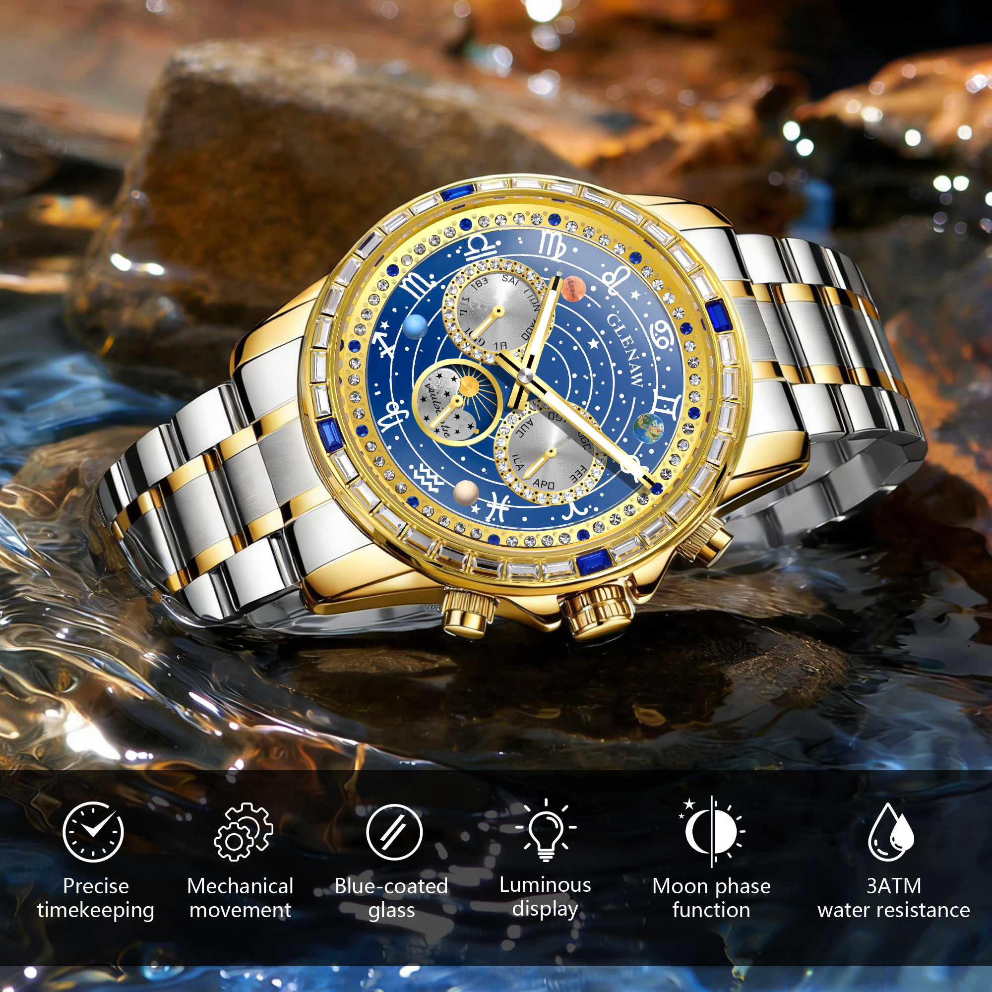 Luxury Automatic Mechanical Watch with 12 Zodiac Dial, Gem-Set Steel Case