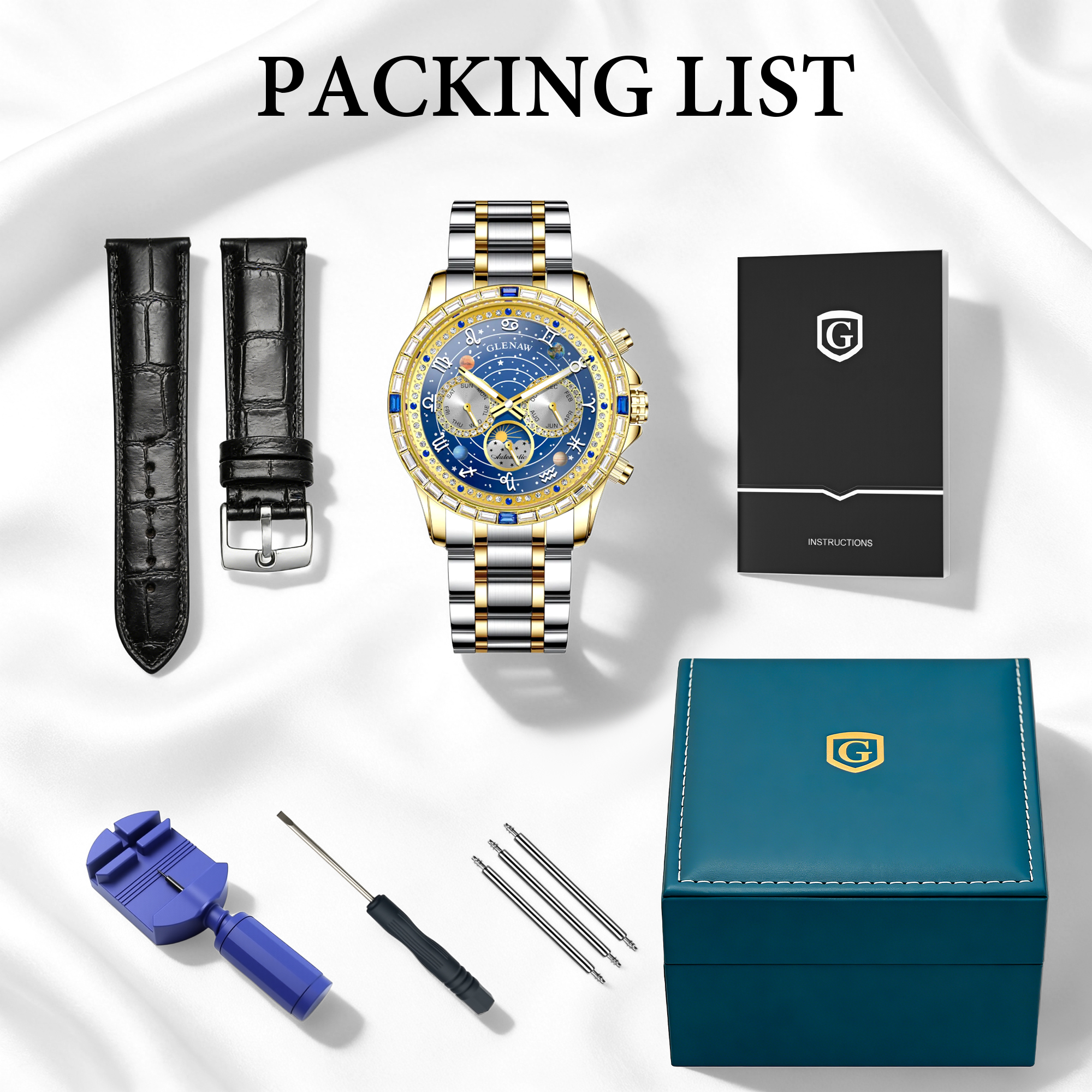 Luxury Automatic Mechanical Watch with 12 Zodiac Dial, Gem-Set Steel Case