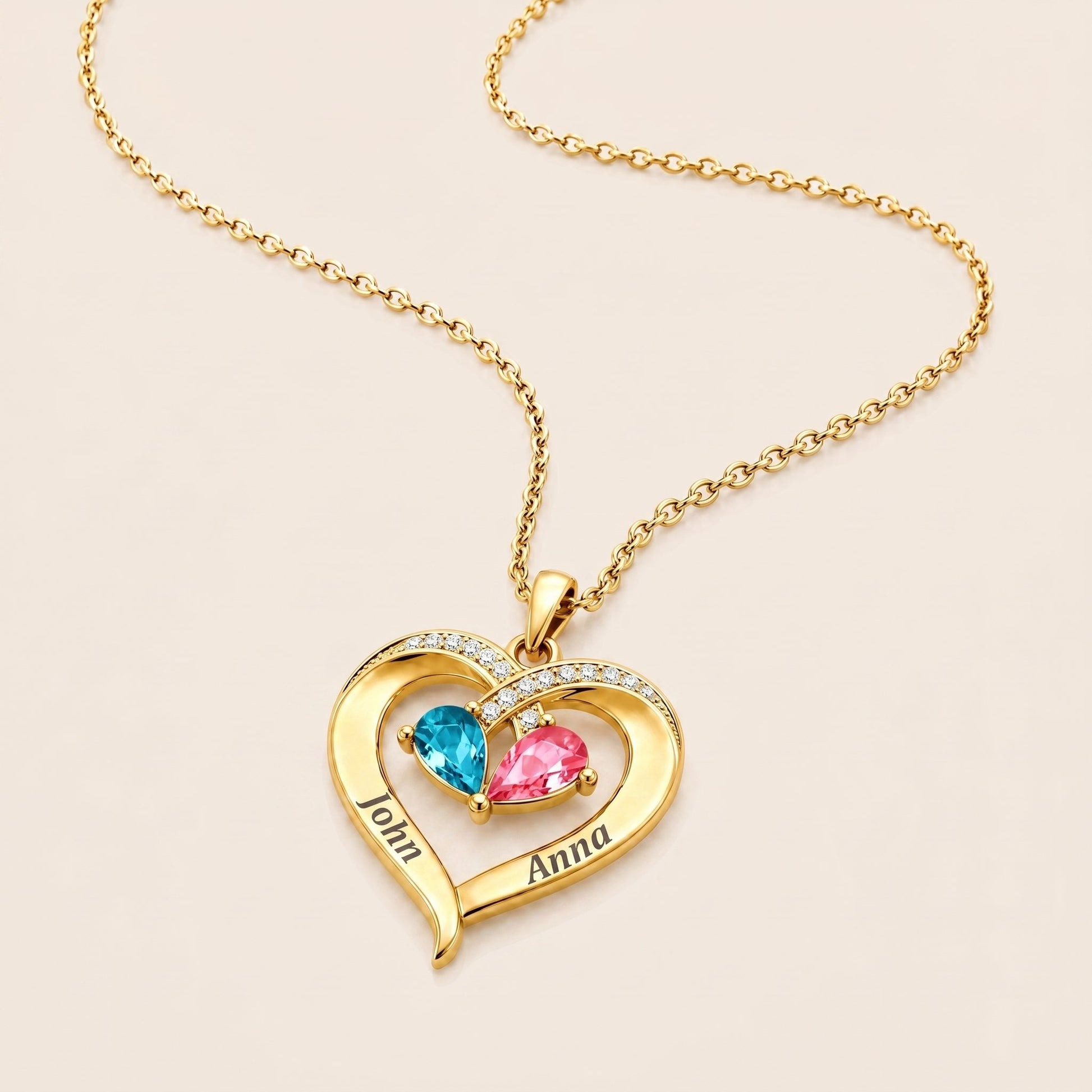 To My Love – Custom Double Birthstones&Name Heart Necklace 