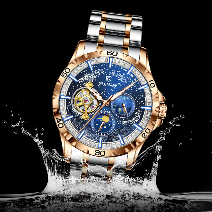 Men's Self-Winding Mechanical Watch – Starry Sky Dial, Skeleton Design, Sun & Moon, Gift
