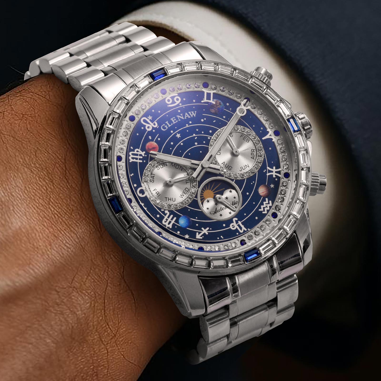 Luxury Automatic Mechanical Watch with 12 Zodiac Dial, Gem-Set Steel Case