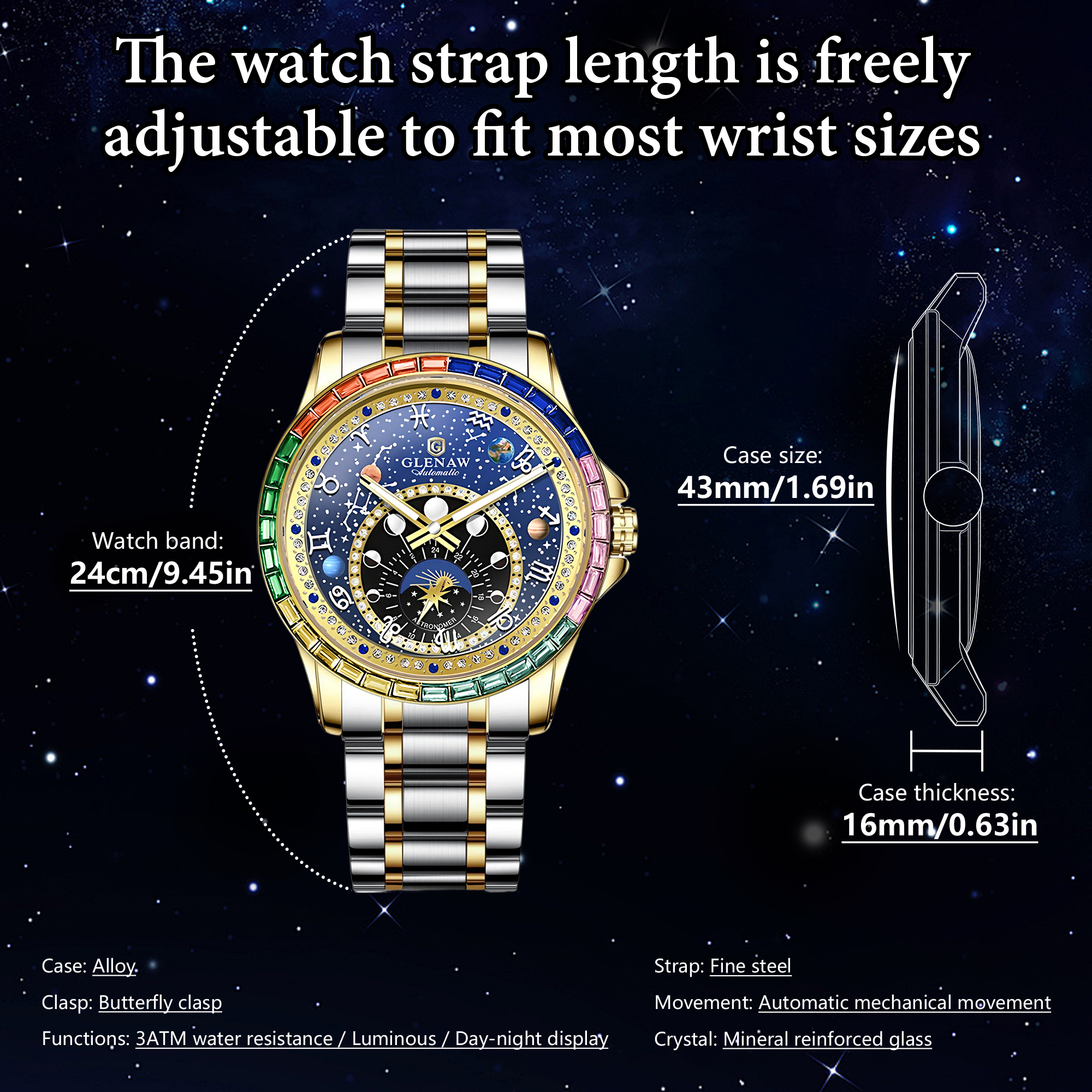 Men’s Automatic Mechanical Watch with Rotating Zodiac Dial, Starry Sky Design, Crystal-Set Bezel