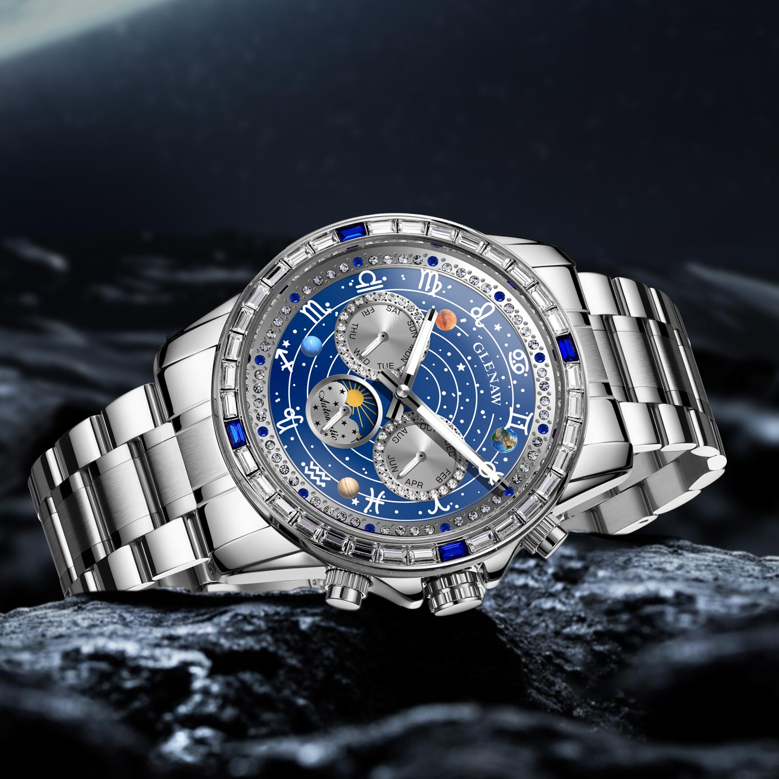 Luxury Automatic Mechanical Watch with 12 Zodiac Dial, Gem-Set Steel Case