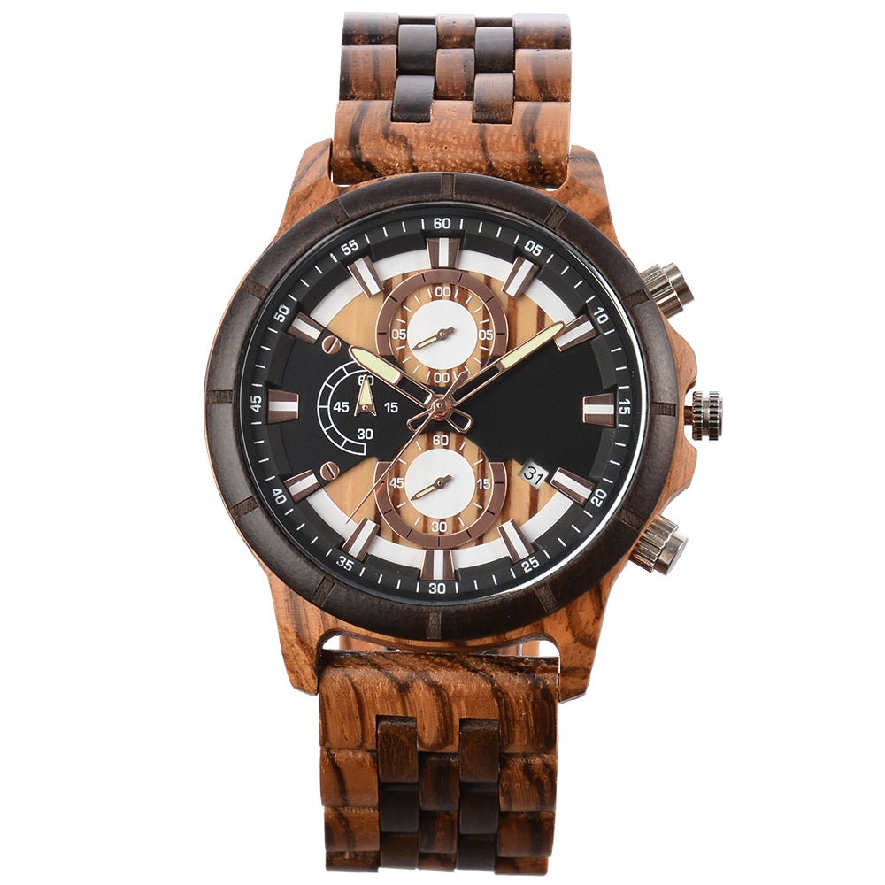 Large Dial Quartz Multifunction Wooden Watch-BUNNYKACHU