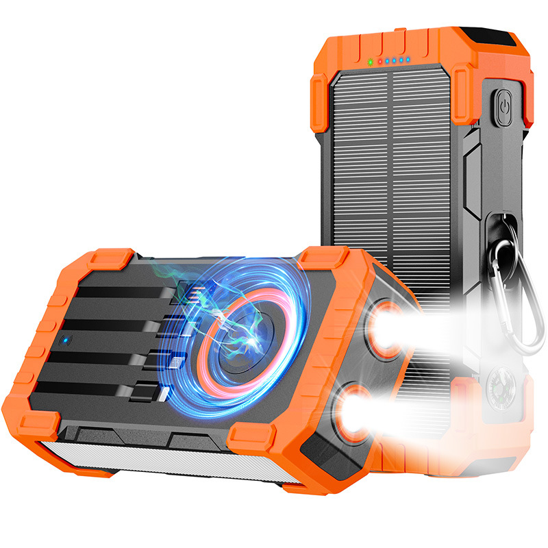 30000mAh Solar Power Bank – Wireless Fast Charger with Built-in Cables, USB-C for iPhone & Samsung, Dual Flashlights & Carabiner, Perfect for Camping & Travel