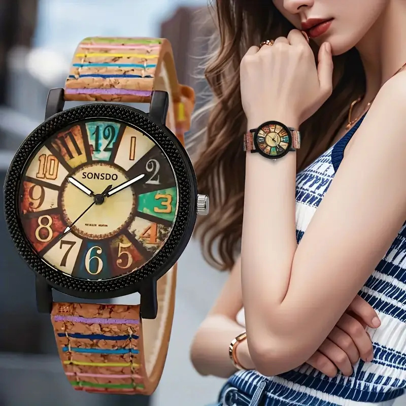 Women’s Wood Grain Dial Watch | Vintage Stripe Leather Band | Classic Casual Wristwatch