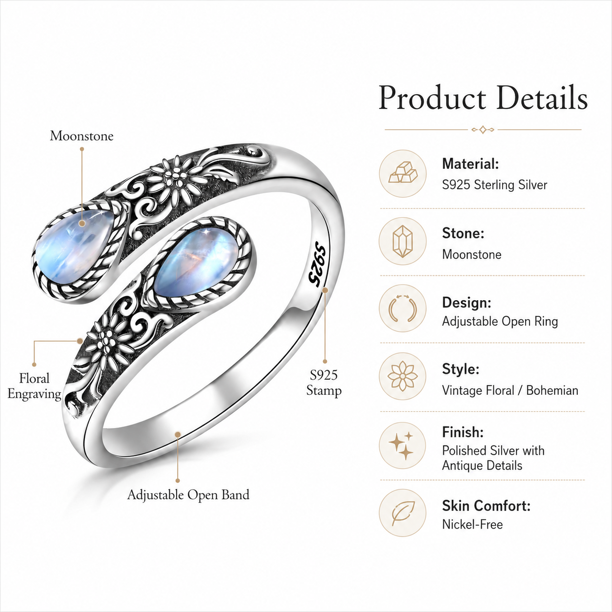 ⏳Limited-time 50% off⏰Vintage Adjustable Open Ring with Teardrop Glowing Zircon💧💍