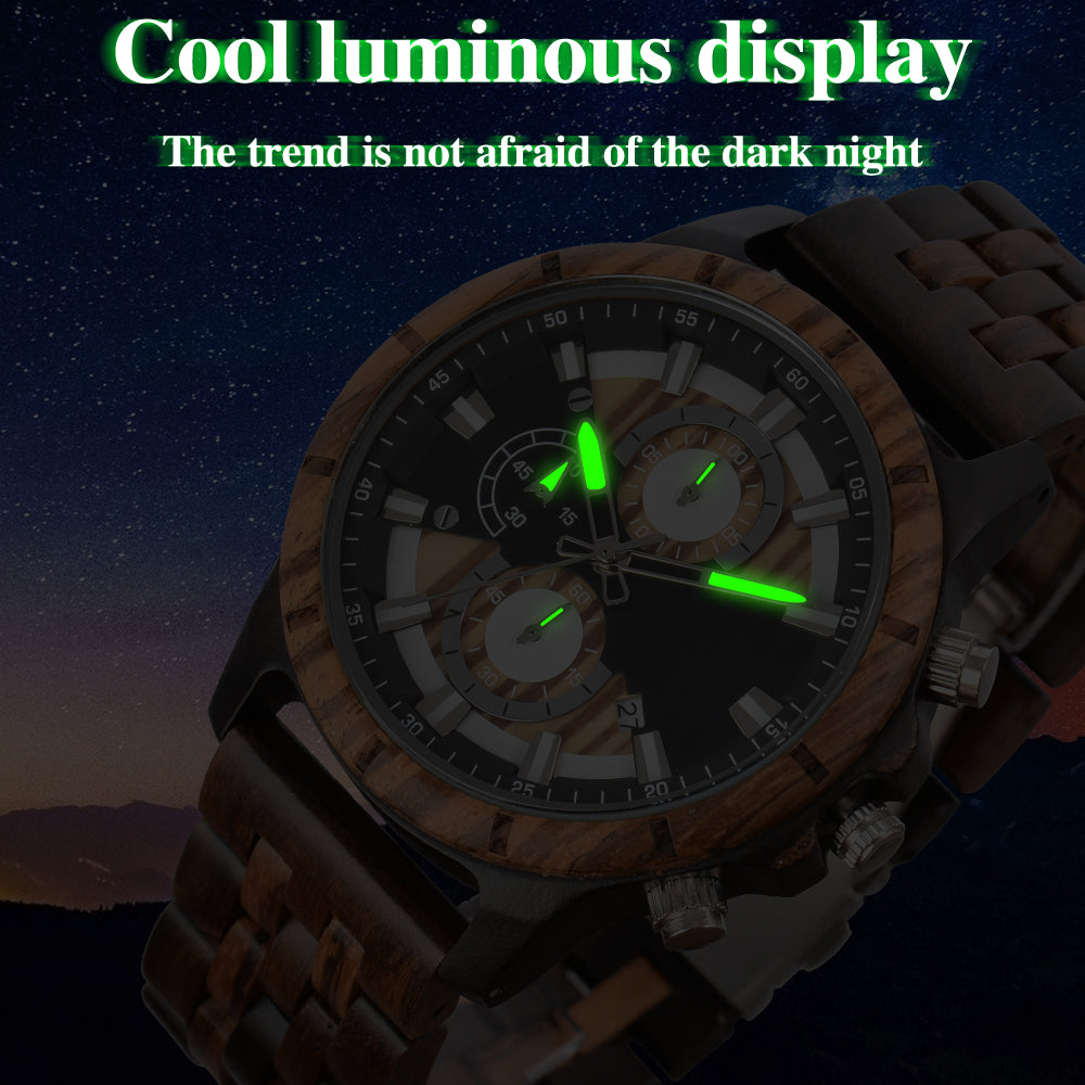 Large Dial Quartz Multifunction Wooden Watch-BUNNYKACHU