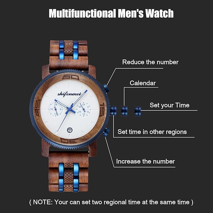 Shifenmei-S5593 Men's Wooden Watch – Natural Red Sandalwood Dual Time Luxury Business Wristwatch with Calendar, Japanese Quartz, 30M Waterproof