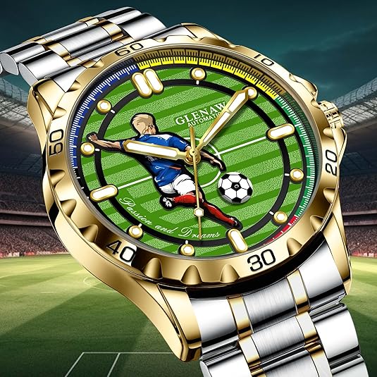 Men’s Automatic Mechanical Watch, Soccer Green Dial Self-Winding Wristwatch, Luminous Hands, 3ATM Water Resistant, Luxury Gift Box with Extra Leather Strap