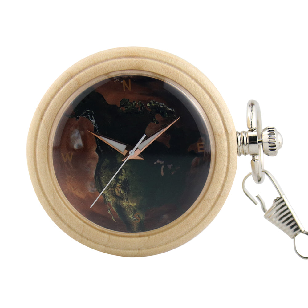 Wooden Pocket Watch Bronze Pendant Chain Luminous Hands-BUNNYKACHU