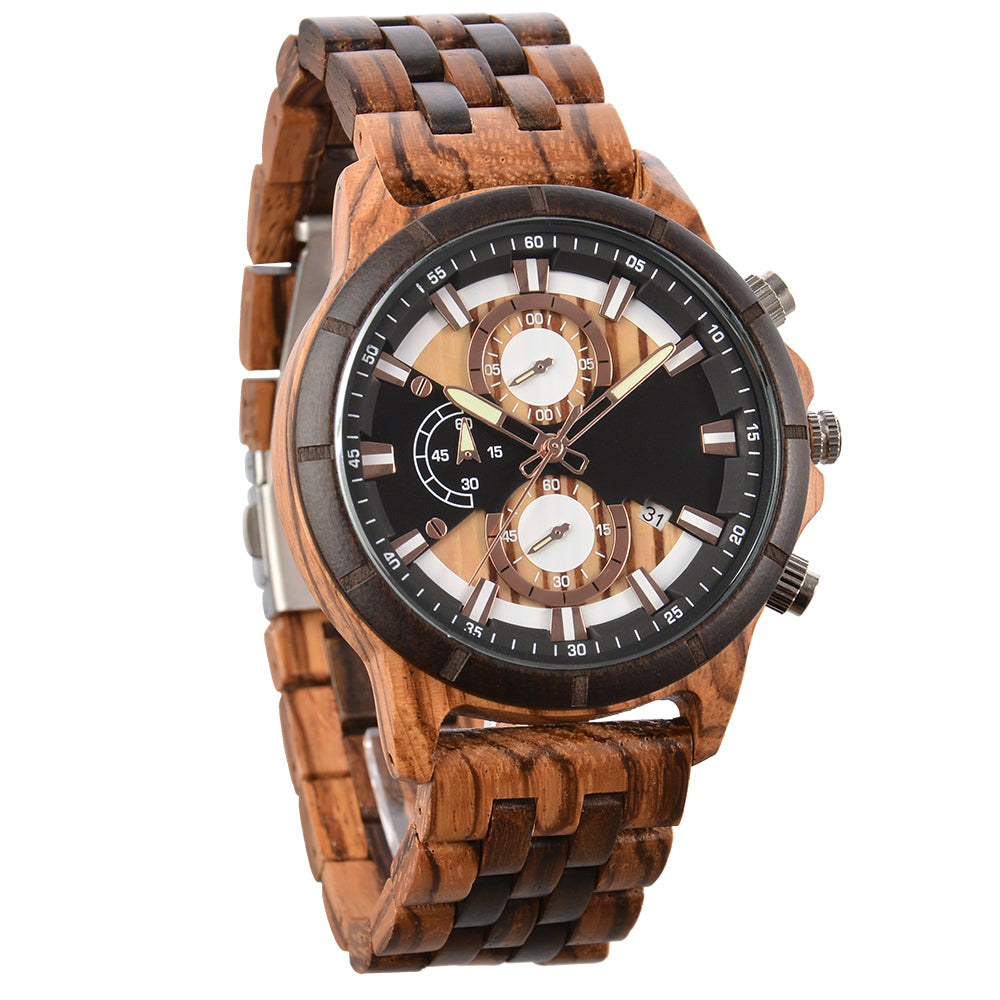 Large Dial Quartz Multifunction Wooden Watch-BUNNYKACHU
