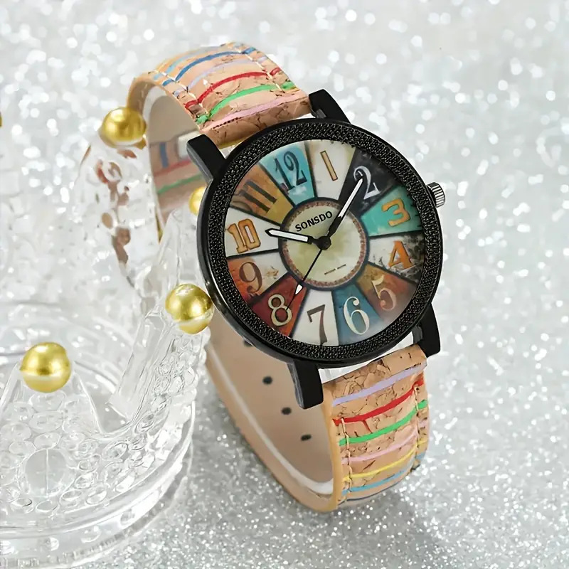 Women’s Wood Grain Dial Watch | Vintage Stripe Leather Band | Classic Casual Wristwatch