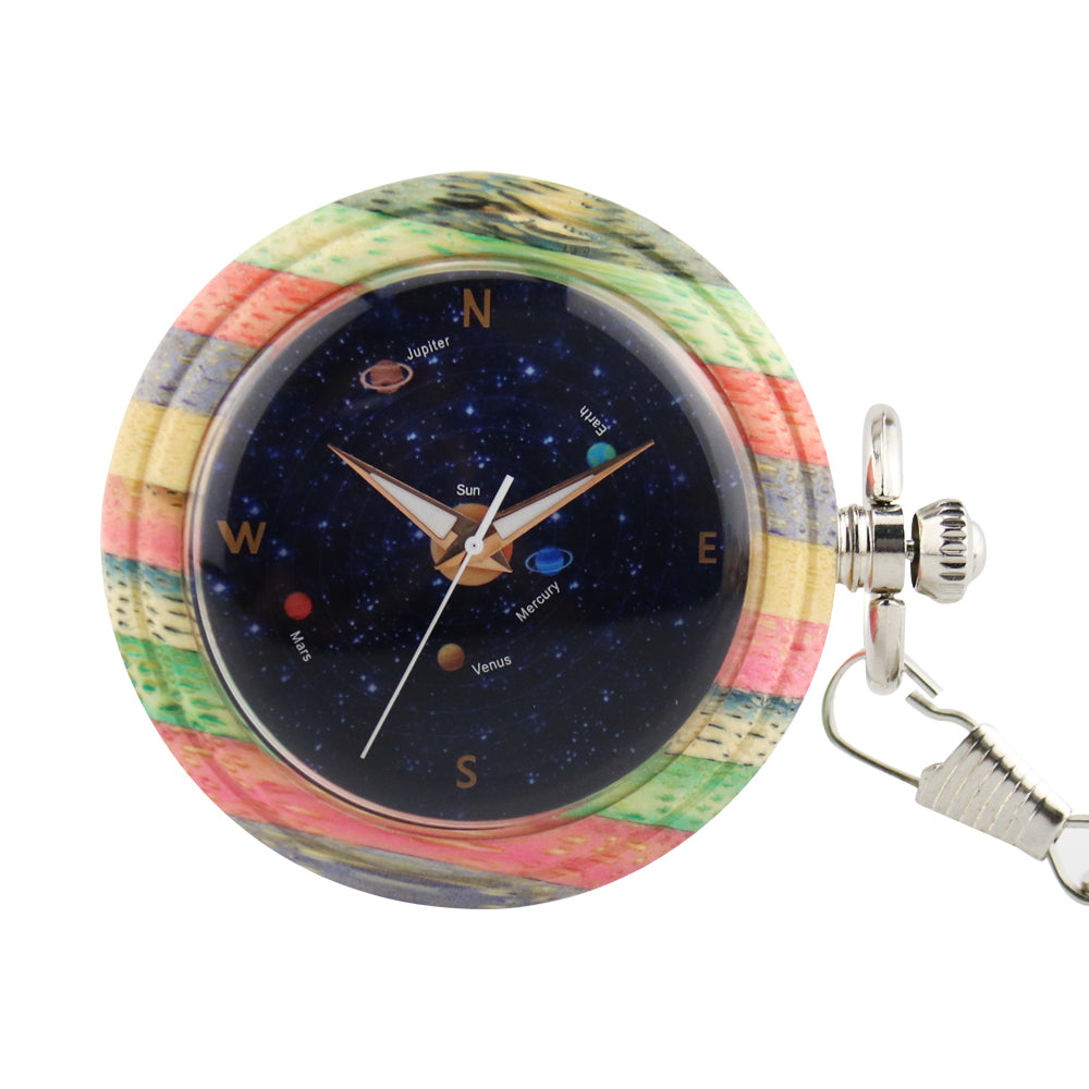 Wooden Pocket Watch Bronze Pendant Chain Luminous Hands-BUNNYKACHU