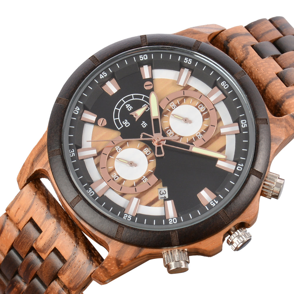 Large Dial Quartz Multifunction Wooden Watch-BUNNYKACHU