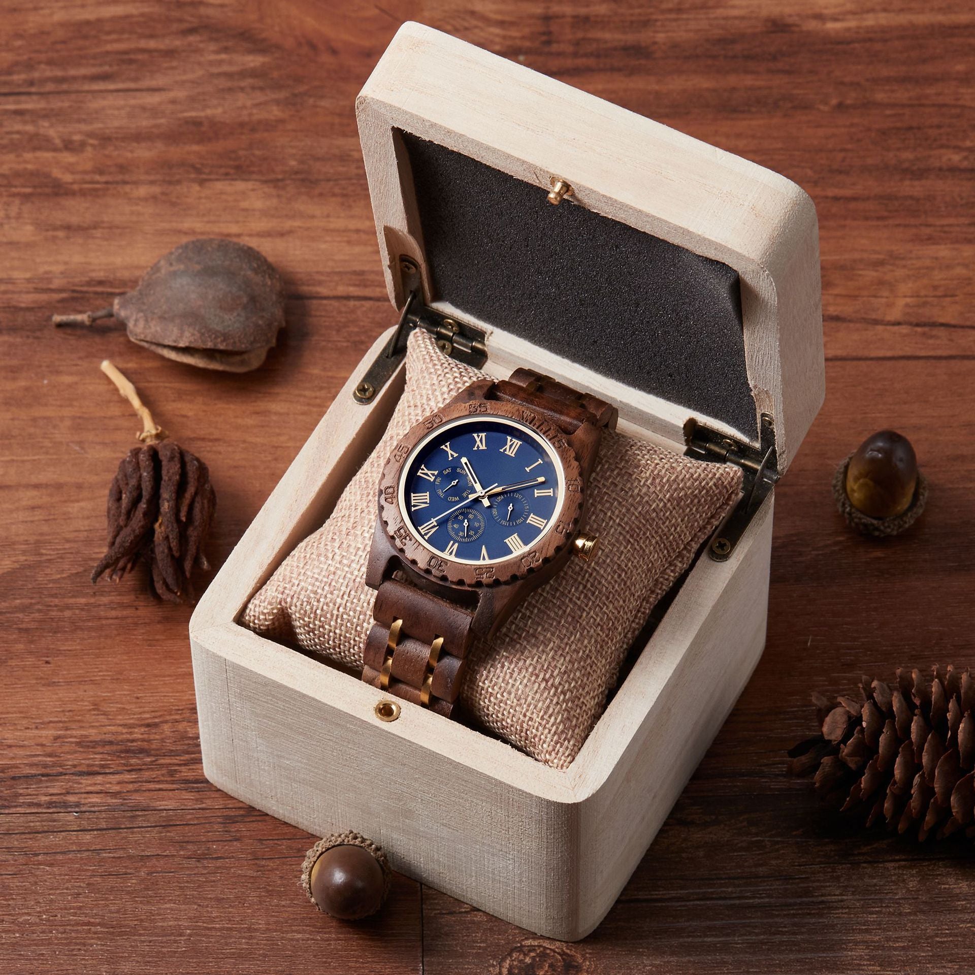 Men’s Walnut Wooden Watch with Green Dial – Japanese Quartz, Personalized Sandalwood Strap