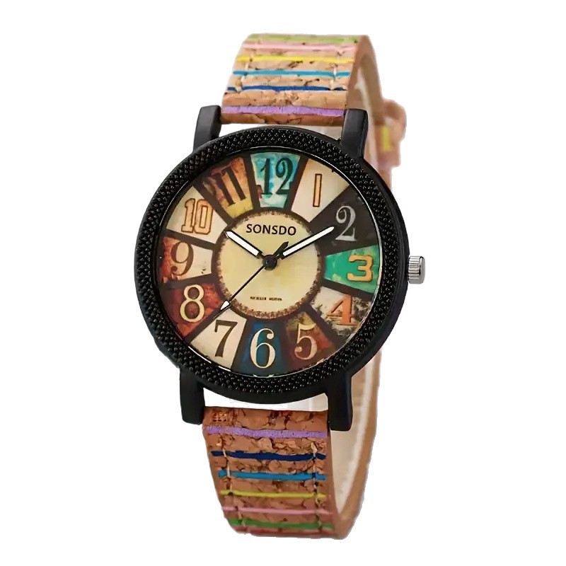 Women’s Wood Grain Dial Watch | Vintage Stripe Leather Band | Classic Casual Wristwatch