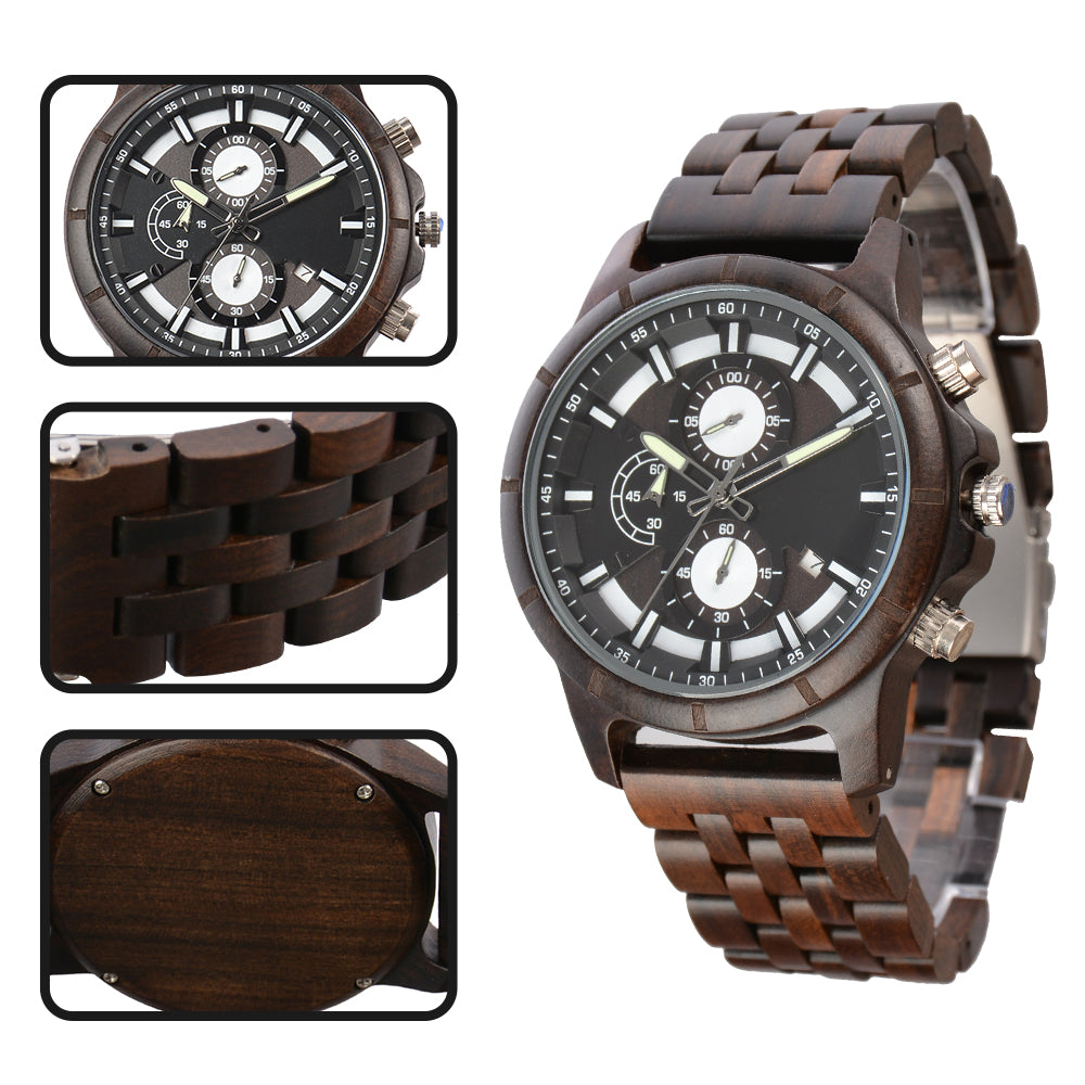 Large Dial Quartz Multifunction Wooden Watch-BUNNYKACHU