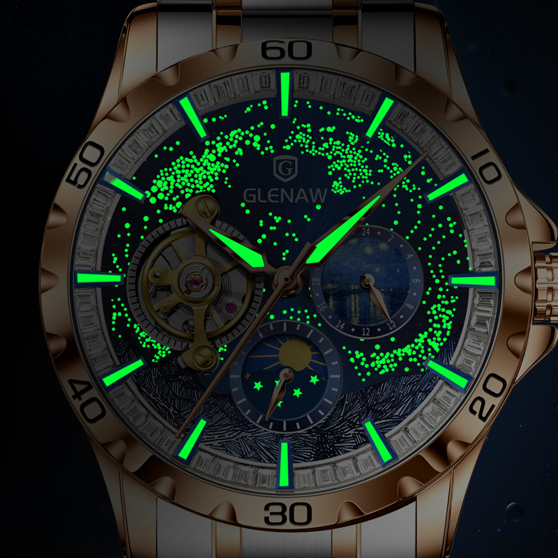 Men's Self-Winding Mechanical Watch – Starry Sky Dial, Skeleton Design, Sun & Moon, Gift