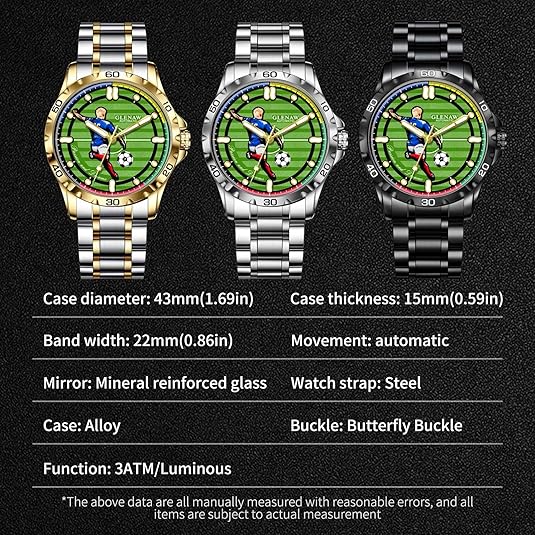 Men’s Automatic Mechanical Watch, Soccer Green Dial Self-Winding Wristwatch, Luminous Hands, 3ATM Water Resistant, Luxury Gift Box with Extra Leather Strap