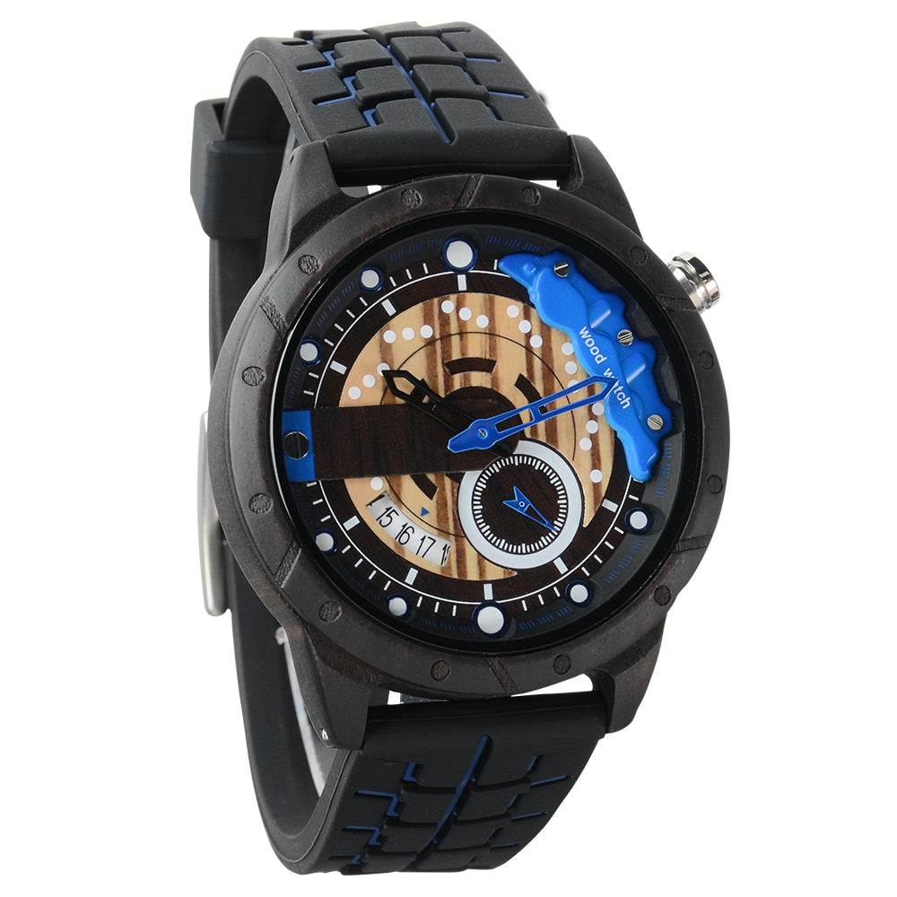 Wristwatches Quartz Men's Watch Blue Clock Brake Disc Wooden Date Fashion Watches For Men-BUNNYKACHU