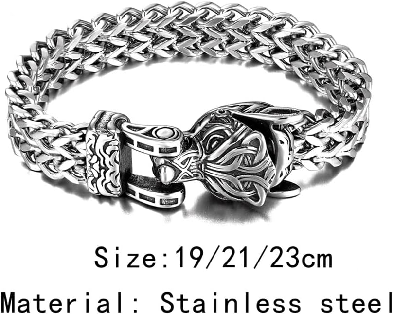 Norse Celtic Wolf Head Bracelet for Men – Handmade Stainless Steel Viking Mesh Chain (21cm)