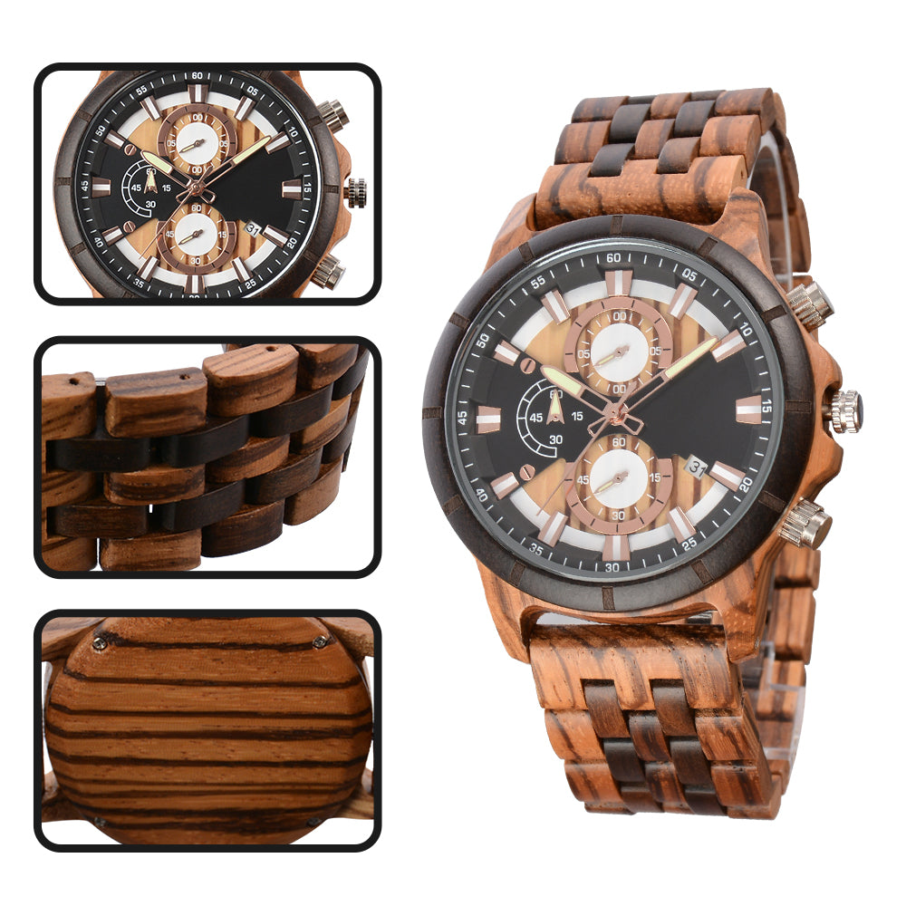Large Dial Quartz Multifunction Wooden Watch-BUNNYKACHU