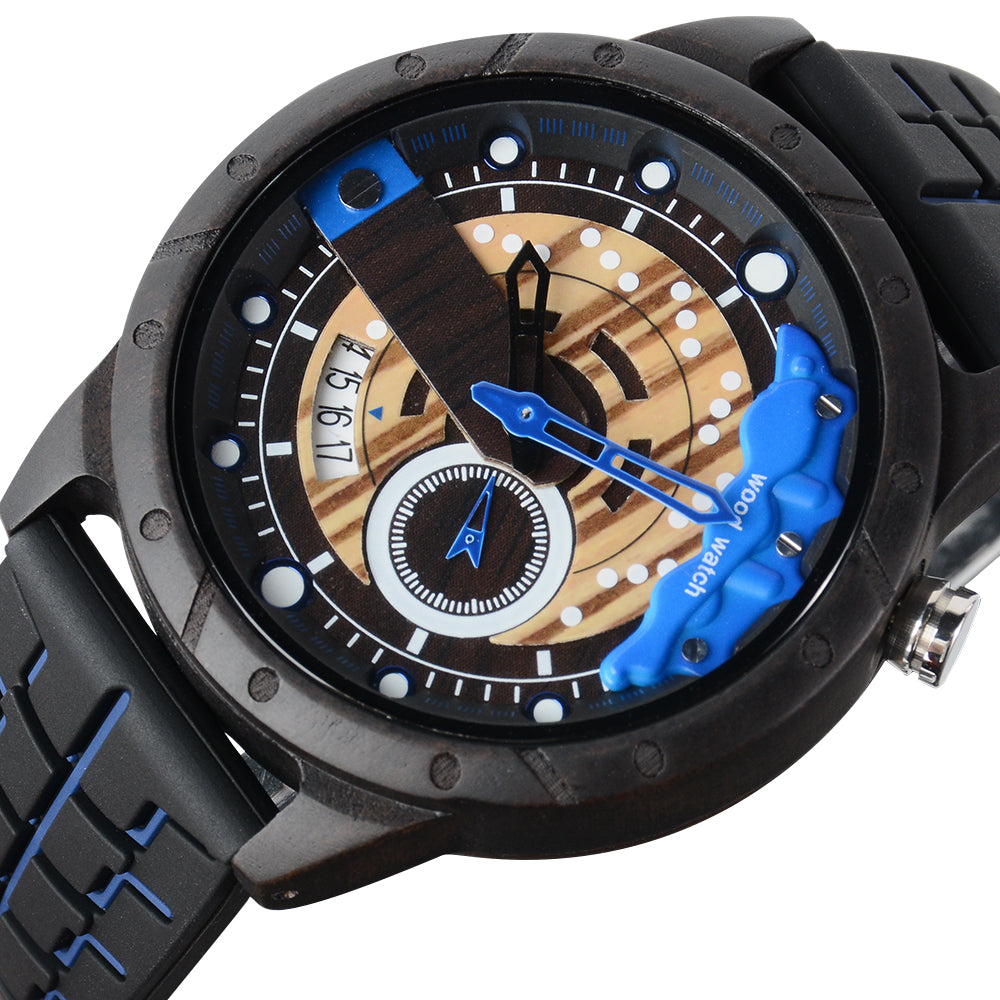 Wristwatches Quartz Men's Watch Blue Clock Brake Disc Wooden Date Fashion Watches For Men-BUNNYKACHU