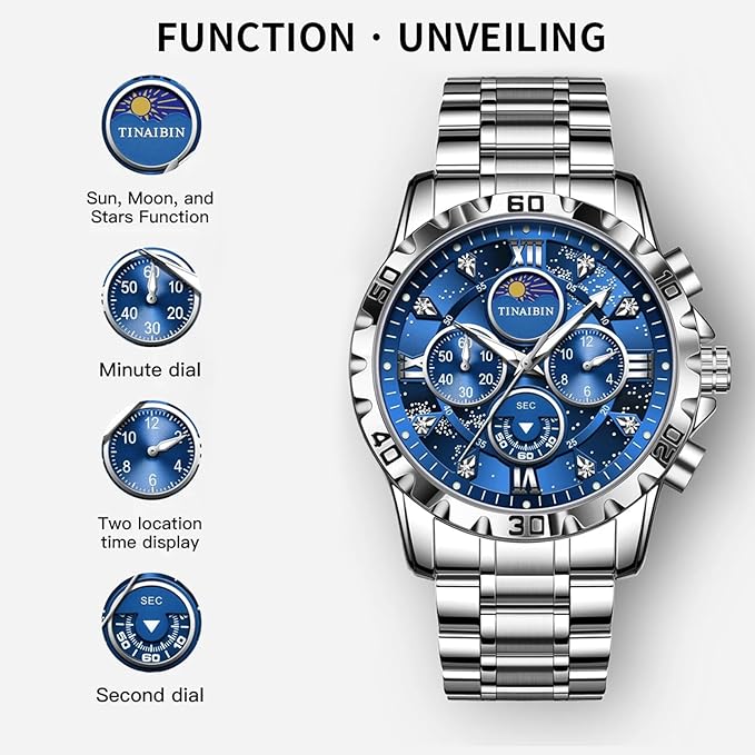 Men's Fashion Stainless Steel Watches Quartz Wristwatch Waterproof Luminous Chronograph Stainless Steel Man Watches