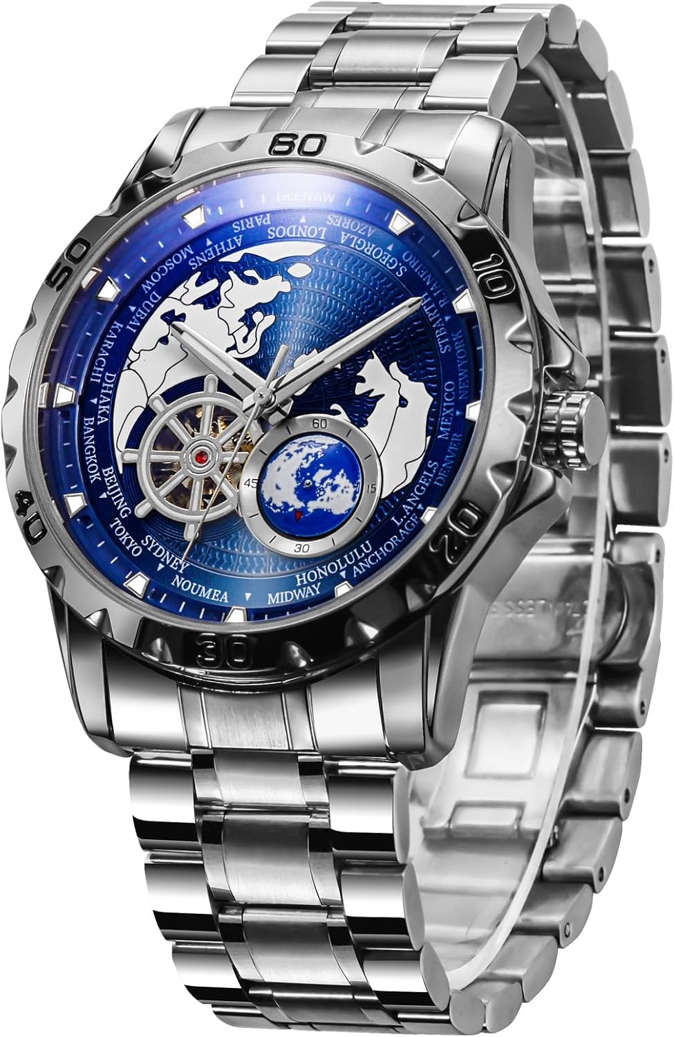 GLENAW Automatic Watches for Men, Blue Rotating Little Earth Blue Dial Men's Mechanical Watch Luminous Hands, 3ATM Waterproof Steel Strap Stopwatch