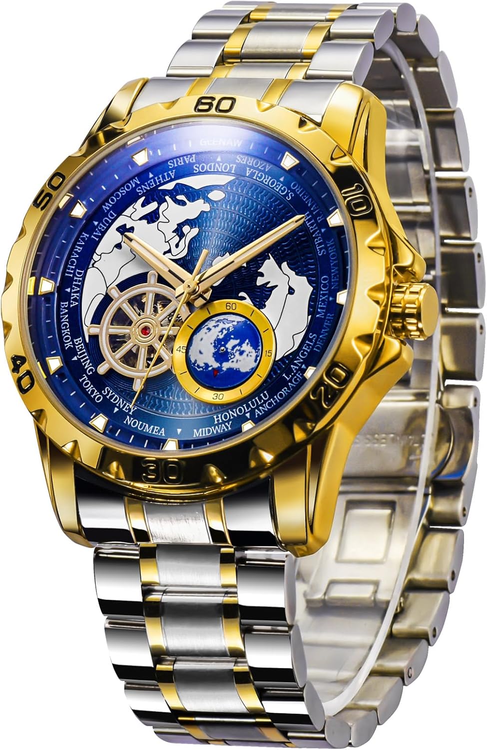 GLENAW Automatic Watches for Men, Blue Rotating Little Earth Blue Dial Men's Mechanical Watch Luminous Hands, 3ATM Waterproof Steel Strap Stopwatch
