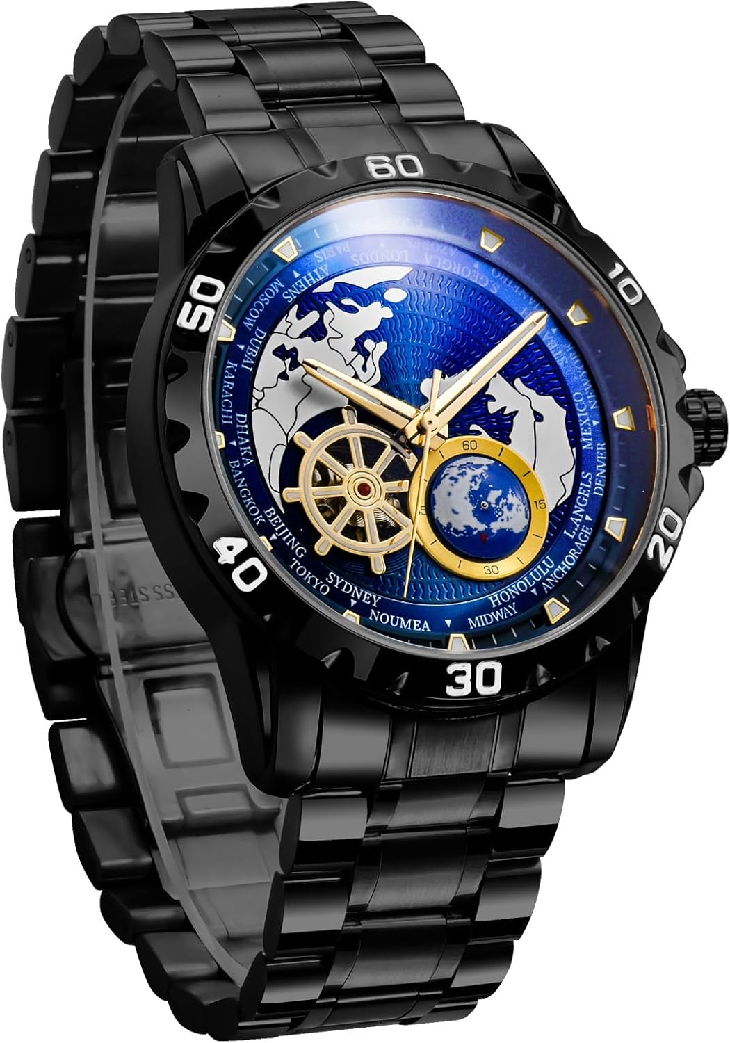 GLENAW Automatic Watches for Men, Blue Rotating Little Earth Blue Dial Men's Mechanical Watch Luminous Hands, 3ATM Waterproof Steel Strap Stopwatch