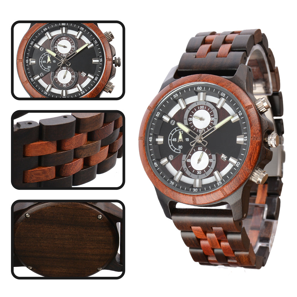 Large Dial Quartz Multifunction Wooden Watch-BUNNYKACHU
