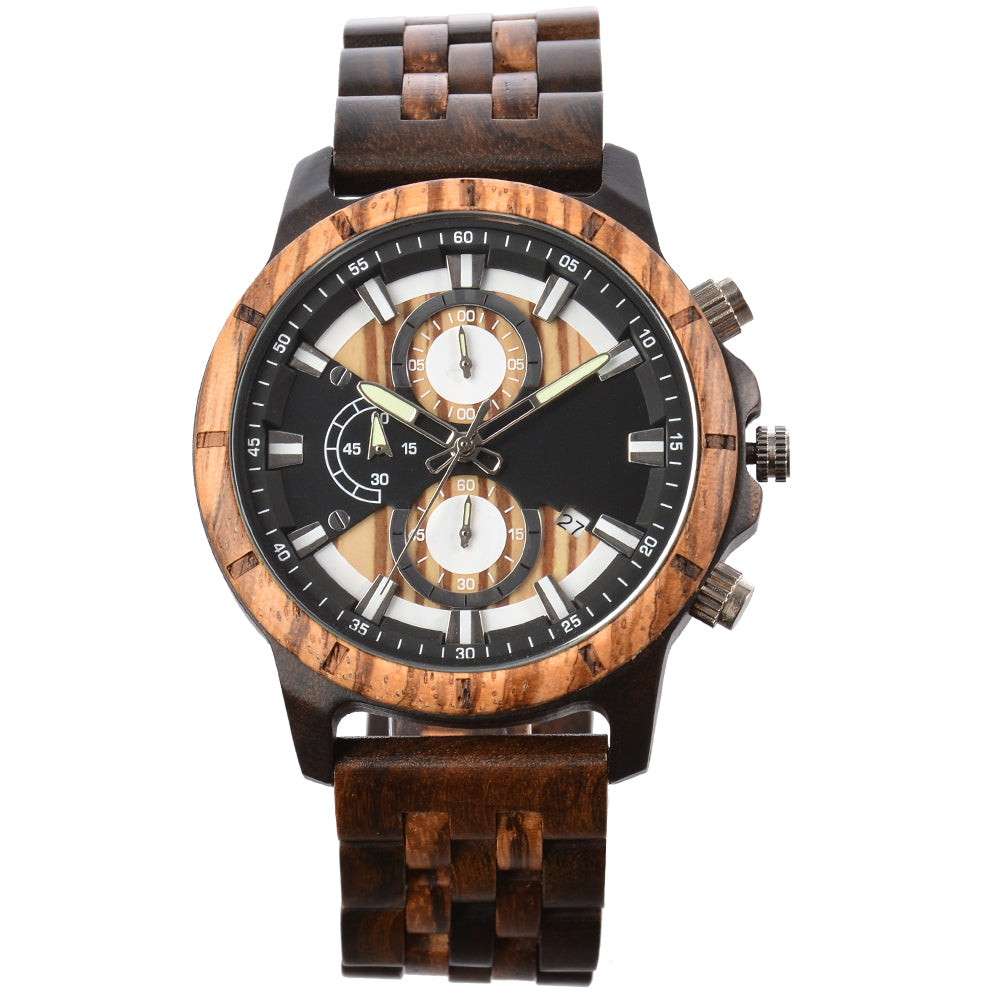 Large Dial Quartz Multifunction Wooden Watch-BUNNYKACHU