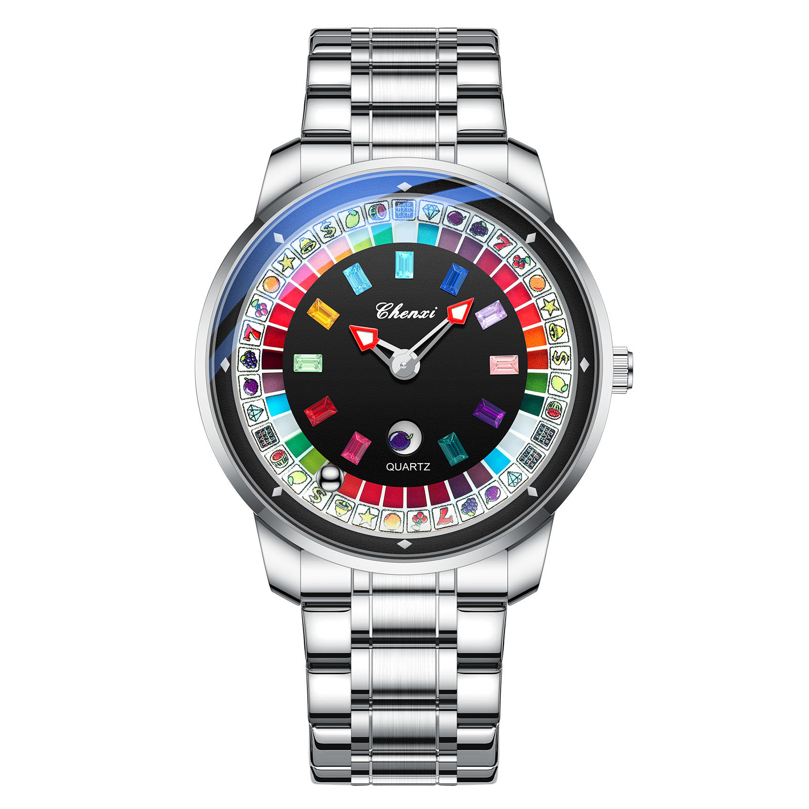 Bunnykachu Men's Luxury Quartz Watch with Colorful Rotating Dial & Stainless Steel Case