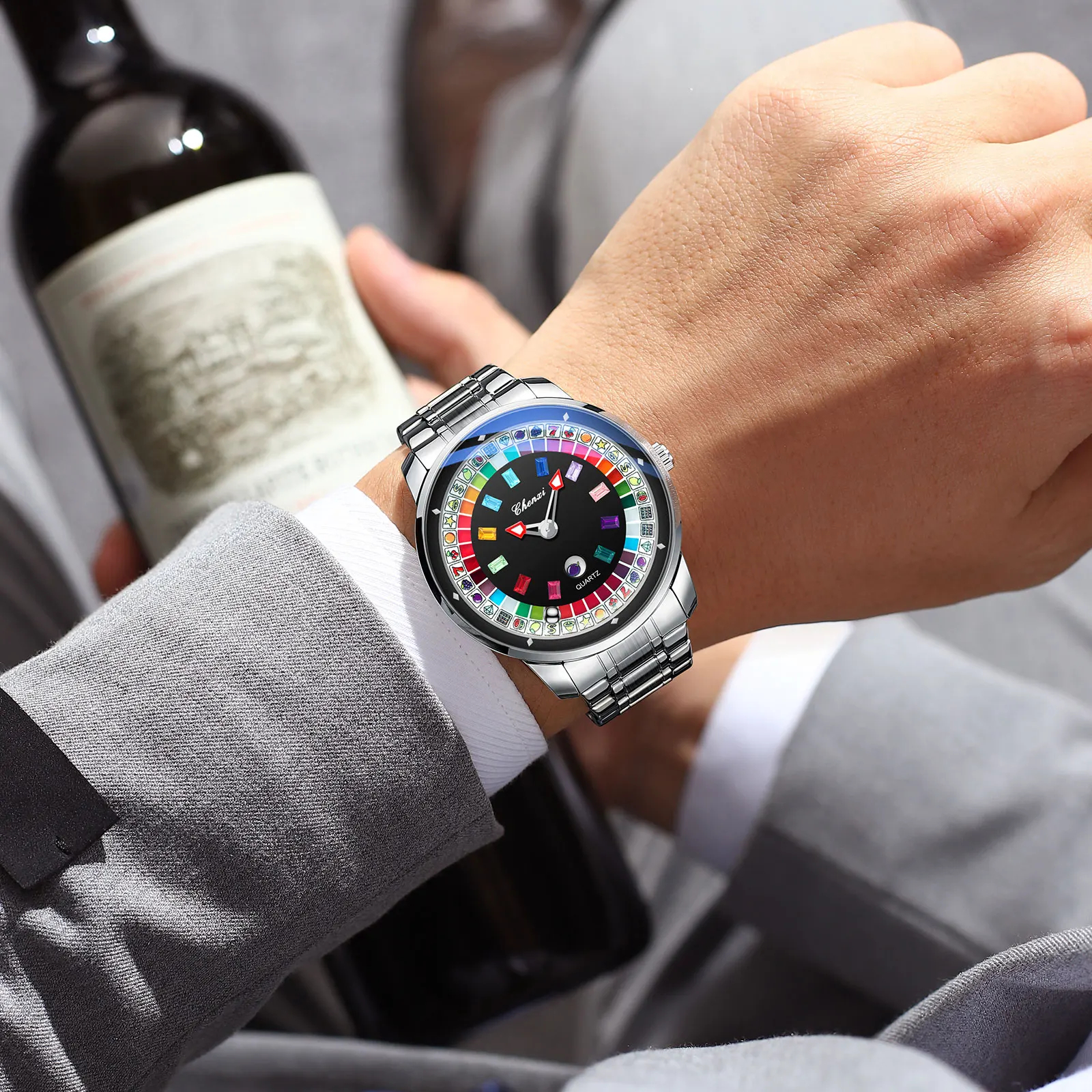 Bunnykachu Men's Luxury Quartz Watch with Colorful Rotating Dial & Stainless Steel Case