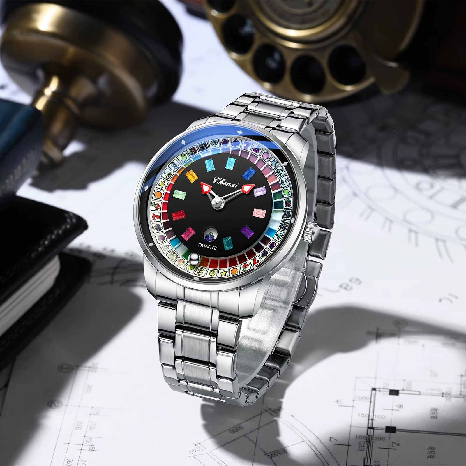 Bunnykachu Men's Luxury Quartz Watch with Colorful Rotating Dial & Stainless Steel Case
