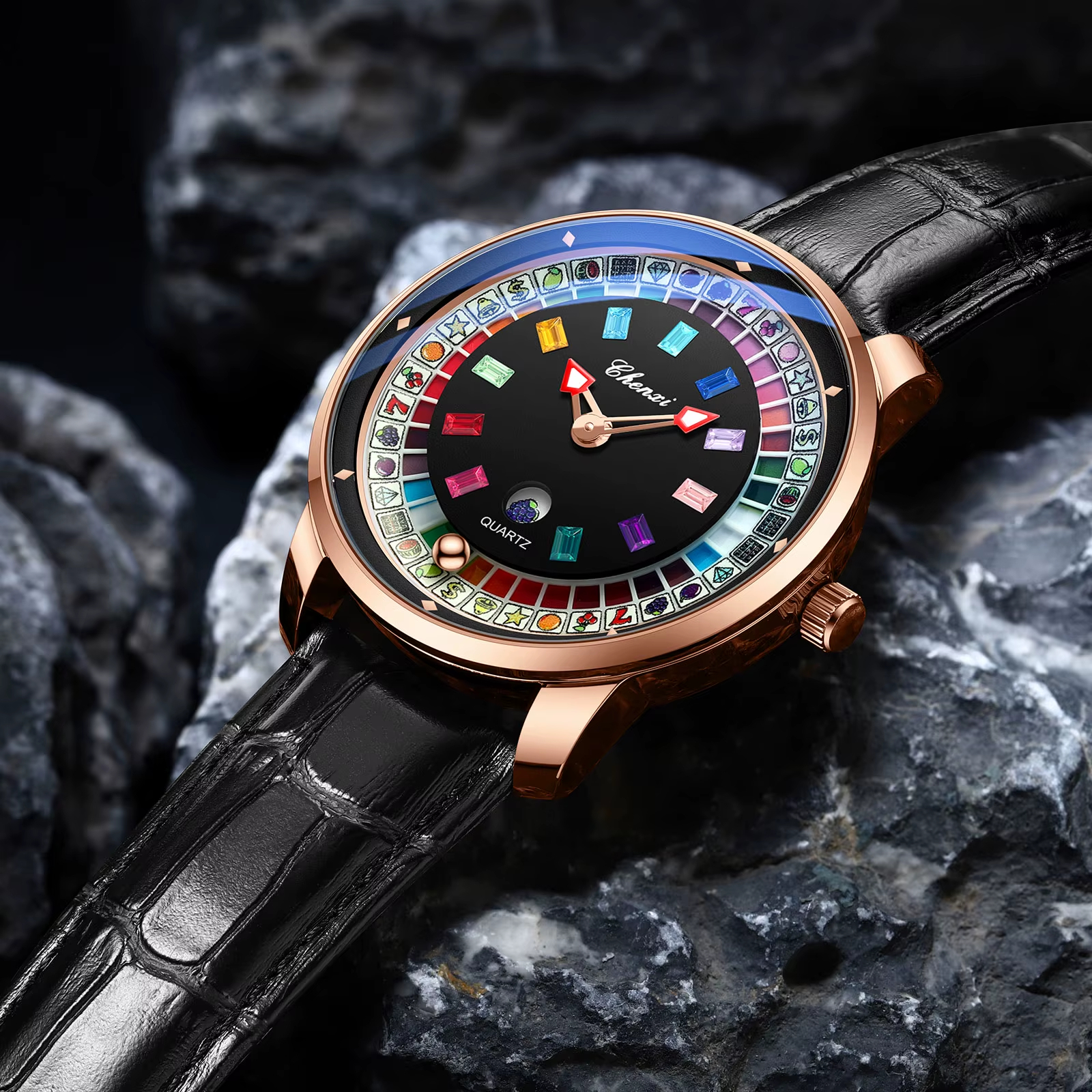 Bunnykachu Men's Luxury Quartz Watch with Colorful Rotating Dial & Stainless Steel Case