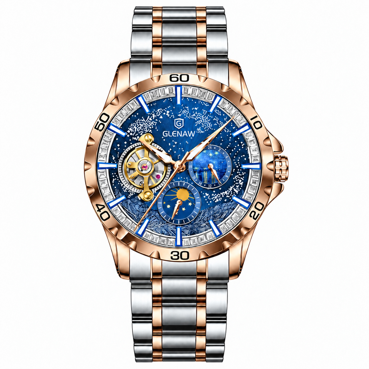 Men's Self-Winding Mechanical Watch – Starry Sky Dial, Skeleton Design, Sun & Moon, Gift