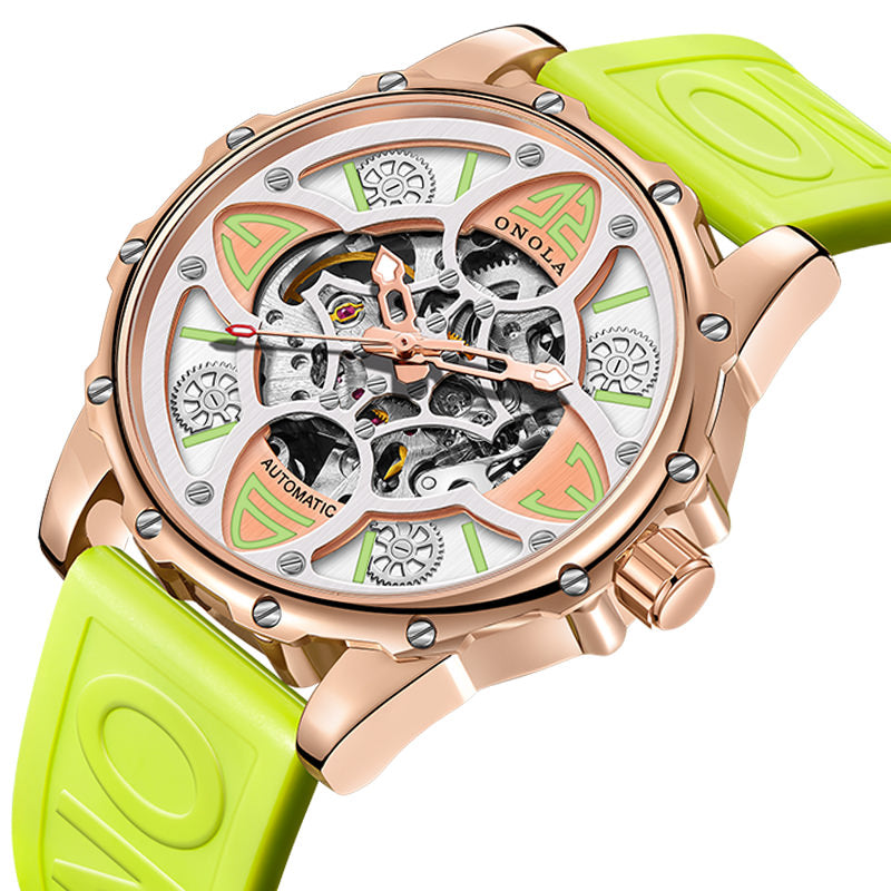Automatic Mechanical Watch for Men, Double Skeleton Dial, Four Leaf Clover Design, Luminous 30M Waterproof Silicone Strap