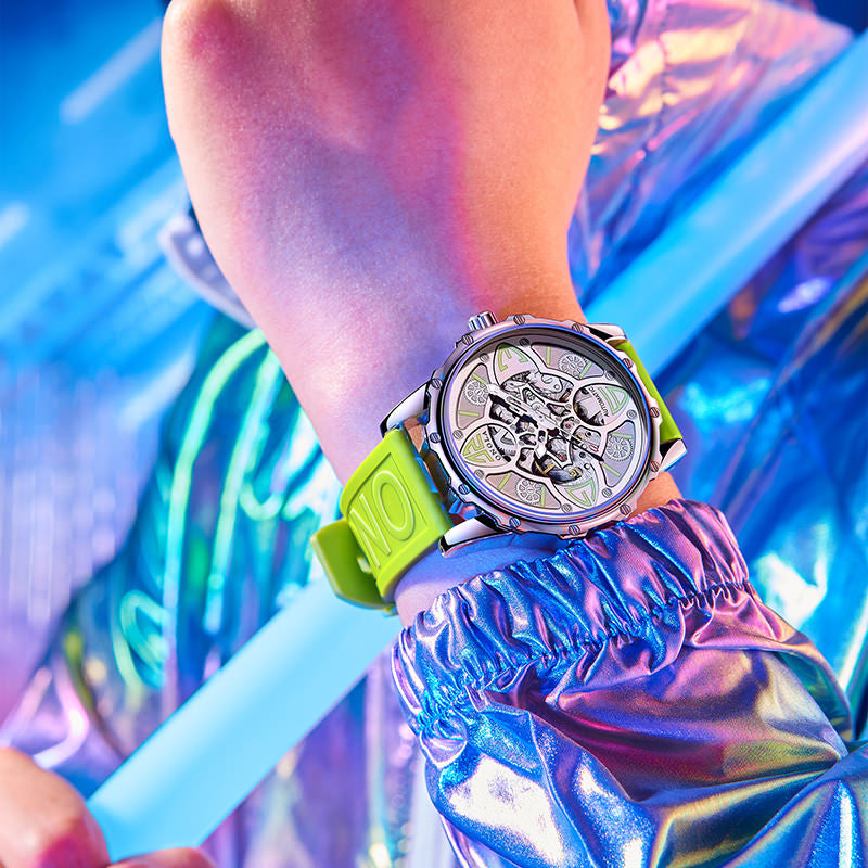 Automatic Mechanical Watch for Men, Double Skeleton Dial, Four Leaf Clover Design, Luminous 30M Waterproof Silicone Strap