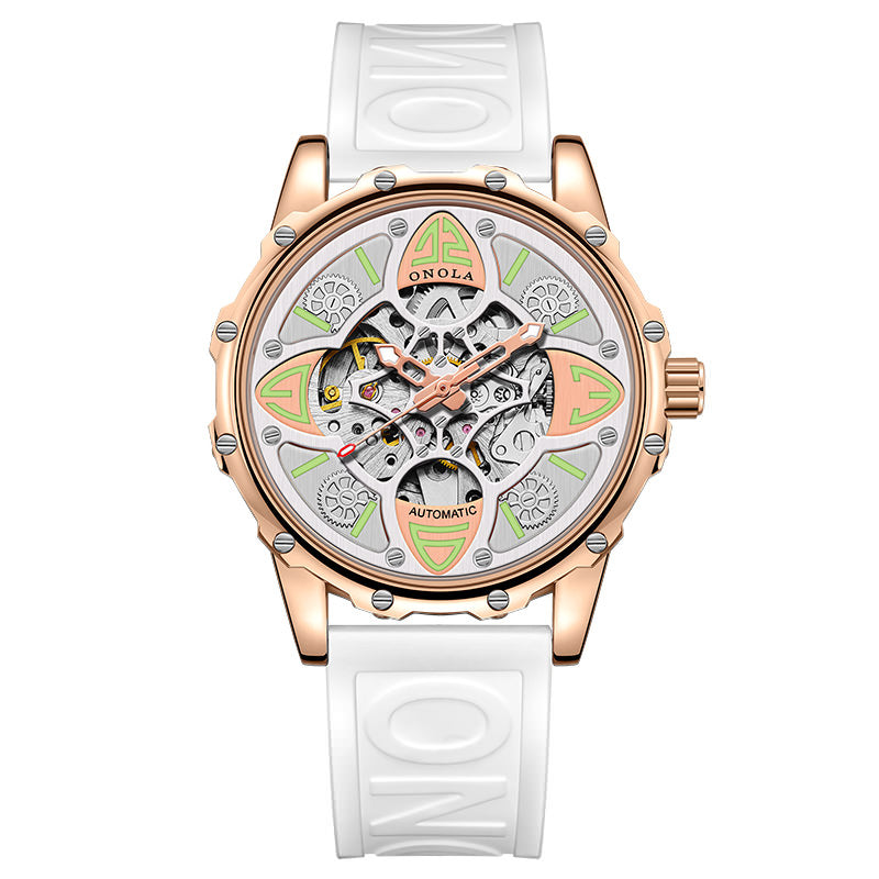 Automatic Mechanical Watch for Men, Double Skeleton Dial, Four Leaf Clover Design, Luminous 30M Waterproof Silicone Strap