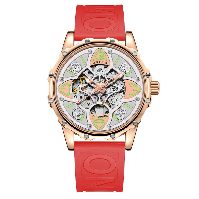 Automatic Mechanical Watch for Men, Double Skeleton Dial, Four Leaf Clover Design, Luminous 30M Waterproof Silicone Strap