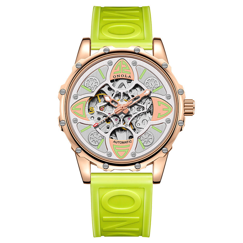 Automatic Mechanical Watch for Men, Double Skeleton Dial, Four Leaf Clover Design, Luminous 30M Waterproof Silicone Strap