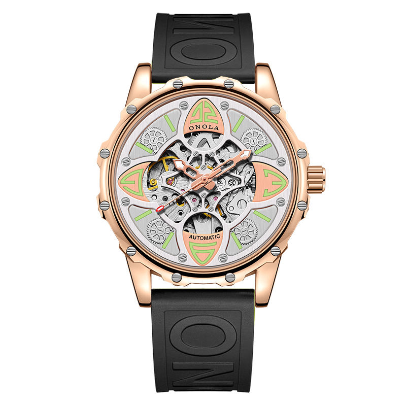 Automatic Mechanical Watch for Men, Double Skeleton Dial, Four Leaf Clover Design, Luminous 30M Waterproof Silicone Strap
