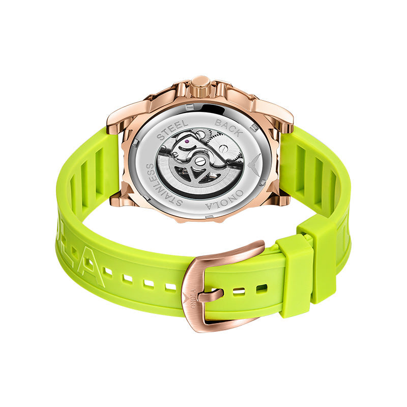 Automatic Mechanical Watch for Men, Double Skeleton Dial, Four Leaf Clover Design, Luminous 30M Waterproof Silicone Strap