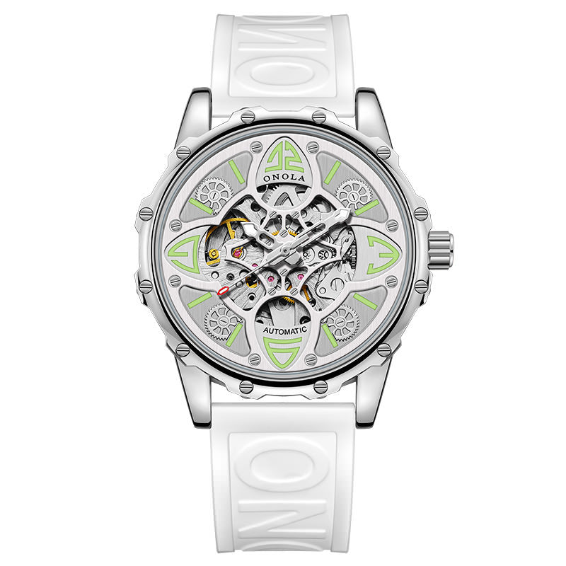 Automatic Mechanical Watch for Men, Double Skeleton Dial, Four Leaf Clover Design, Luminous 30M Waterproof Silicone Strap