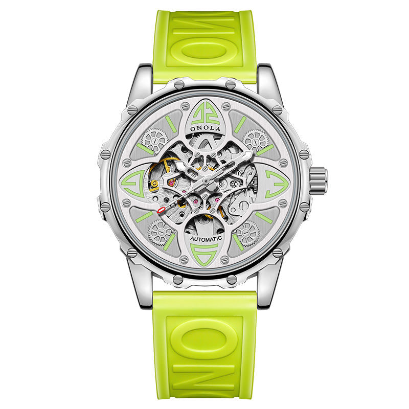 Automatic Mechanical Watch for Men, Double Skeleton Dial, Four Leaf Clover Design, Luminous 30M Waterproof Silicone Strap