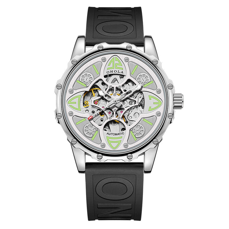 Automatic Mechanical Watch for Men, Double Skeleton Dial, Four Leaf Clover Design, Luminous 30M Waterproof Silicone Strap
